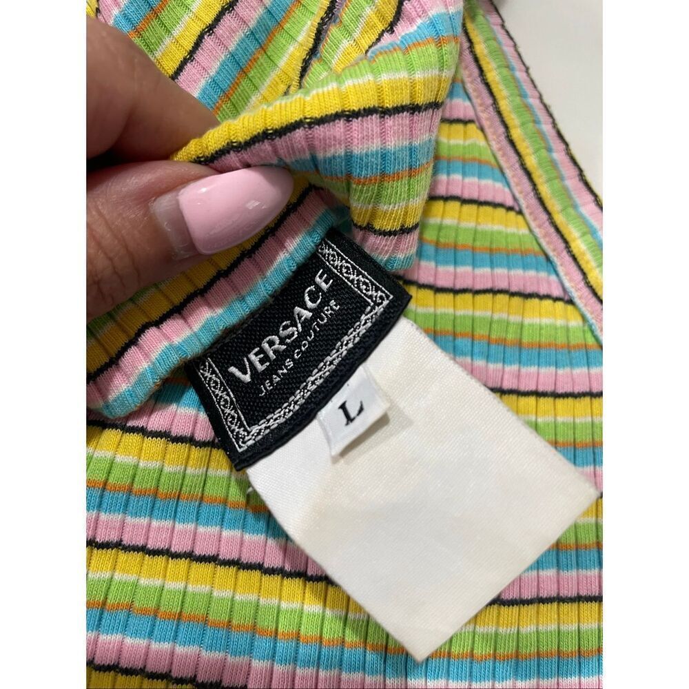 VTG 90s Versace JC Candy Striped Cotton Ribbed Mock Turtleneck Sleeveless Top - Picture 3 of 5